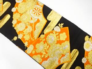 アンティーク　地紙に花車・牡丹・梅模様織り出し袋帯(材料)